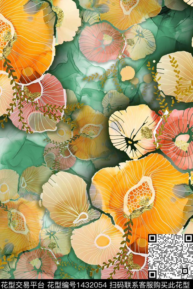 水彩肌理清爽底花卉数码印花花型下载（图片编号: 1432054） - 瓦栏（Walan）