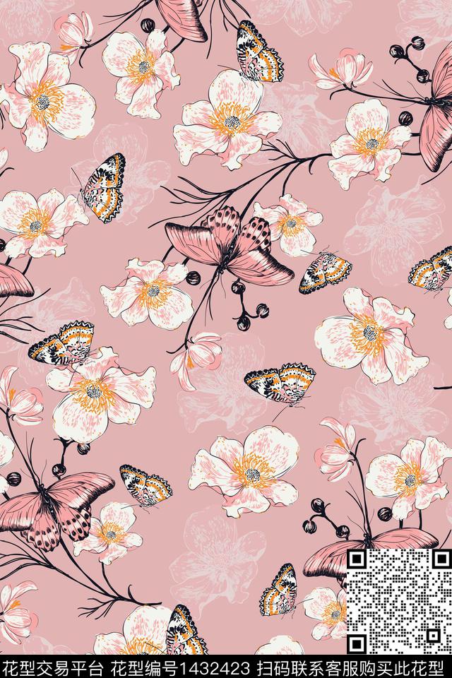 花卉20032.jpg - 1432423 - 花卉蝴蝶 复古 花卉 - 数码印花花型 － 女装花型设计 － 瓦栏