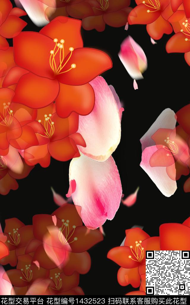 红+粉.jpg - 1432523 - 定位花 时尚 花卉 - 传统印花花型 － 女装花型设计 － 瓦栏
