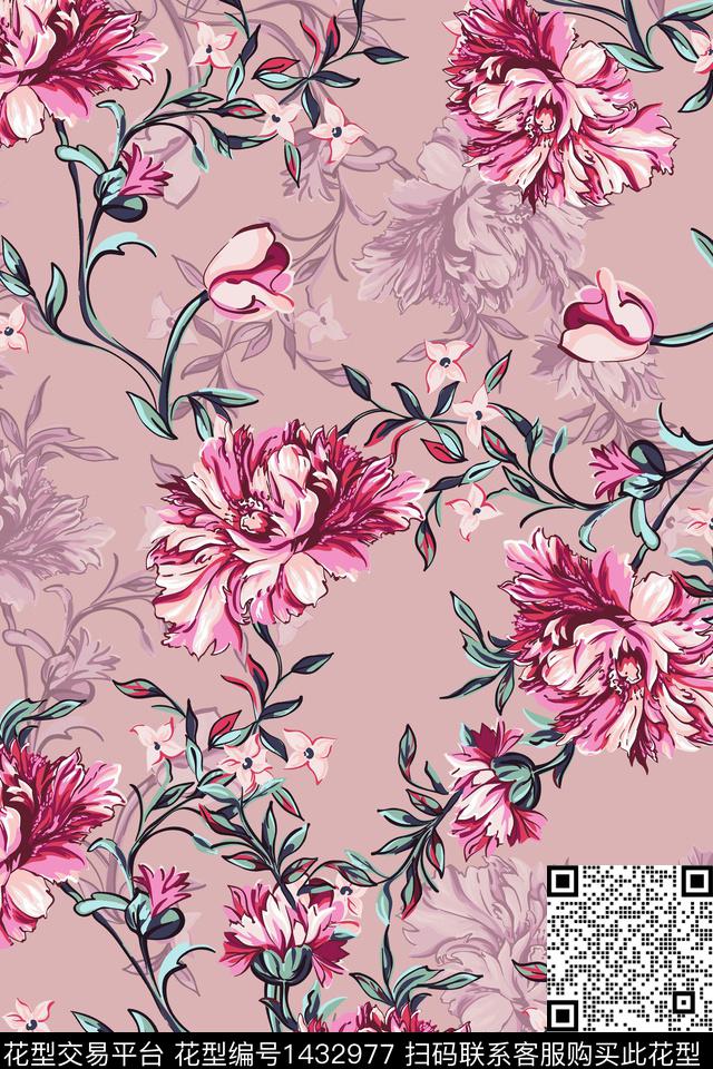 绿植树叶清爽底花卉旗袍数码印花花型下载（图片编号: 1432977） - 瓦栏（Walan）