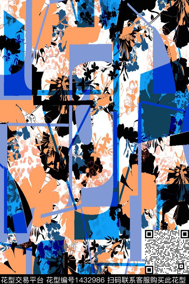 几何定位科技清爽底花卉数码印花花型下载（图片编号: 1432986） - 瓦栏（Walan）