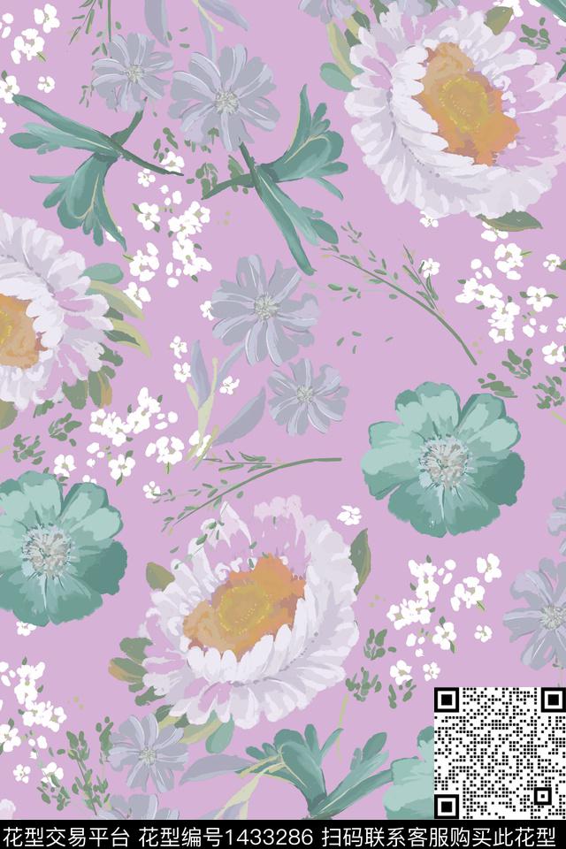 菊花复古花卉数码印花花型下载（图片编号: 1433286） - 瓦栏（Walan）