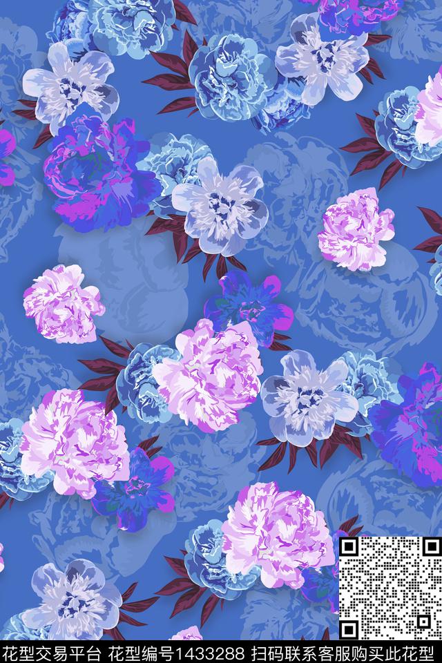 红花复古花卉数码印花花型下载（图片编号: 1433288） - 瓦栏（Walan）
