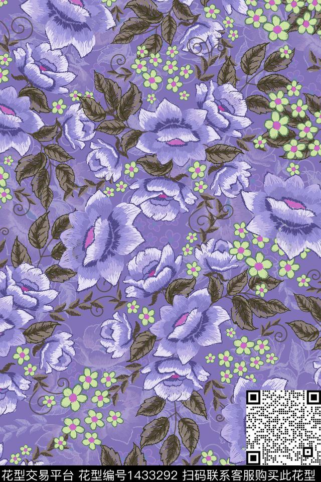 红花复古花卉数码印花花型下载（图片编号: 1433292） - 瓦栏（Walan）