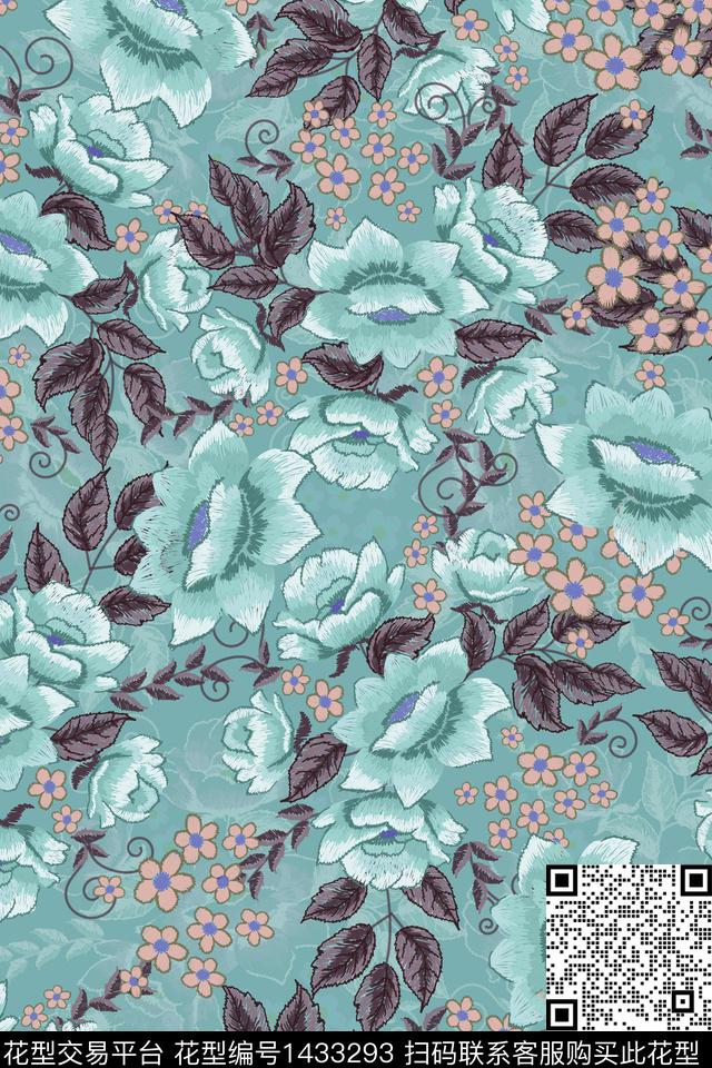 红花复古花卉数码印花花型下载（图片编号: 1433293） - 瓦栏（Walan）