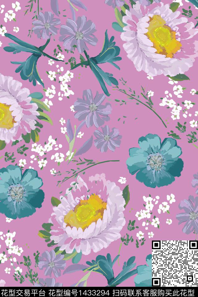 菊花复古花卉数码印花花型下载（图片编号: 1433294） - 瓦栏（Walan）