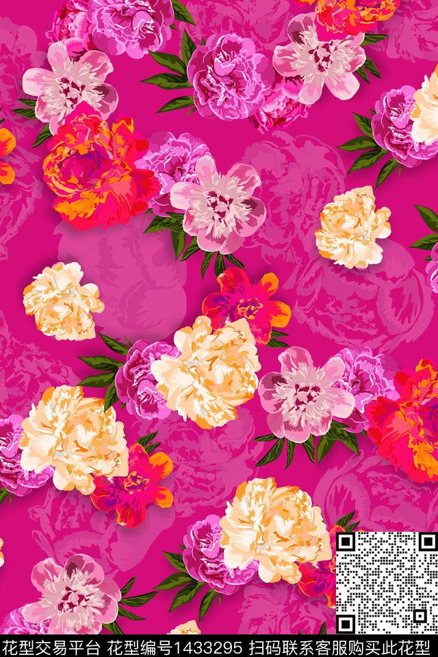 花卉20034.jpg - 1433295 - 红花 复古 花卉 - 数码印花花型 － 女装花型设计 － 瓦栏
