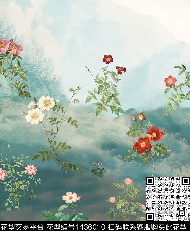 复古花卉.jpg - 1436010 - 趋势花型 绿植树叶 胸前独幅 - 数码印花花型 － 女装花型设计 － 瓦栏