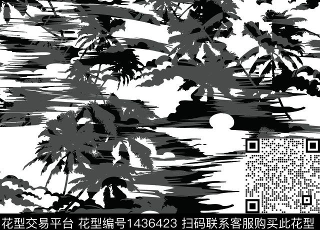 黑白花型帆船椰子树数码印花花型下载（图片编号: 1436423） - 瓦栏（Walan）
