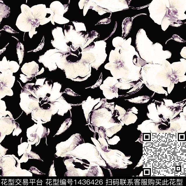黑白花型花卉数码印花花型下载（图片编号: 1436426） - 瓦栏（Walan）