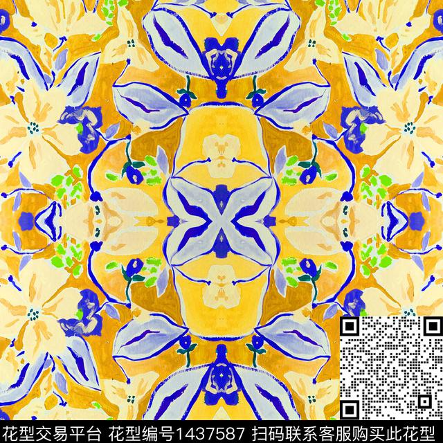 SS2021019-2.jpg - 1437587 - 花卉 抽象 手绘花卉 - 数码印花花型 － 方巾花型设计 － 瓦栏