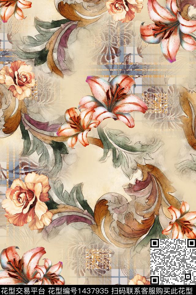 底纹花卉满版散花数码印花花型下载（图片编号: 1437935） - 瓦栏（Walan）