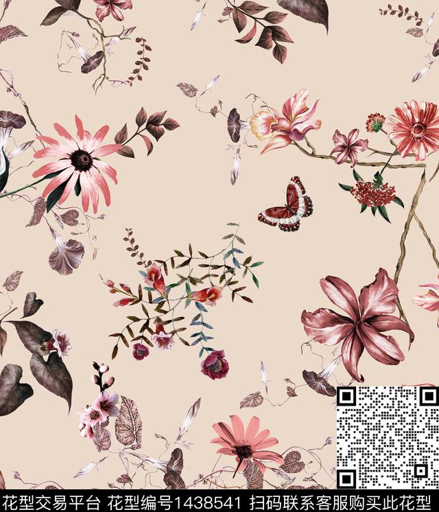 复古花卉蝴蝶数码印花花型下载（图片编号: 1438541） - 瓦栏（Walan）