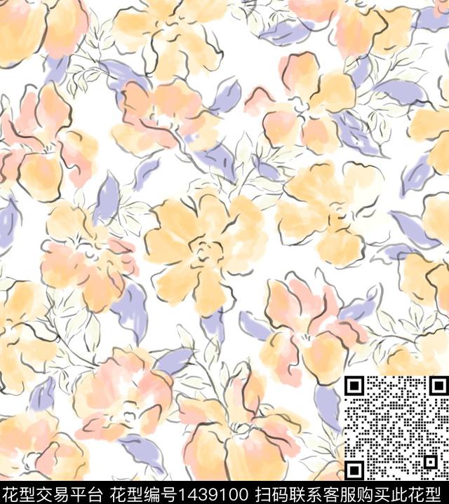 手绘花卉水彩花卉线描花卉数码印花花型下载（图片编号: 1439100） - 瓦栏（Walan）