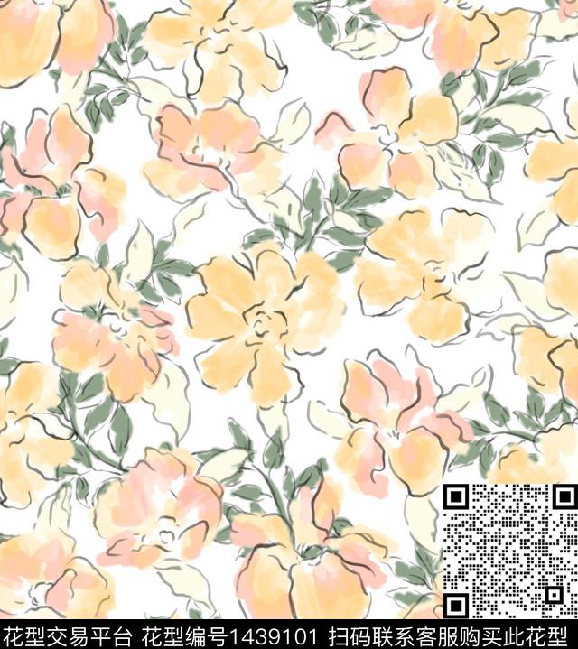 手绘花卉水彩花卉线描花卉数码印花花型下载（图片编号: 1439101） - 瓦栏（Walan）