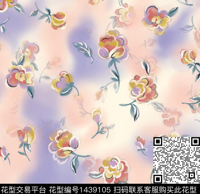 渐变手绘花卉水彩笔刷数码印花花型下载（图片编号: 1439105） - 瓦栏（Walan）