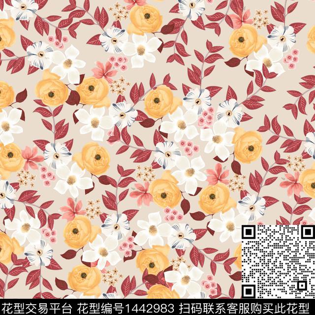 花卉满版散花传统花型数码印花花型下载（图片编号: 1442983） - 瓦栏（Walan）