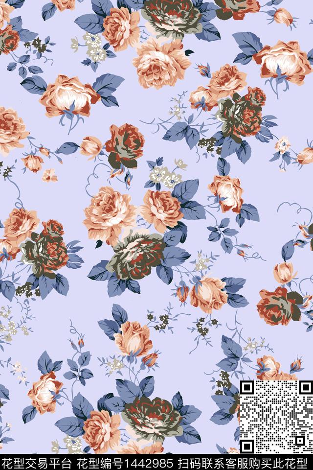 花卉满版散花传统花型数码印花花型下载（图片编号: 1442985） - 瓦栏（Walan）