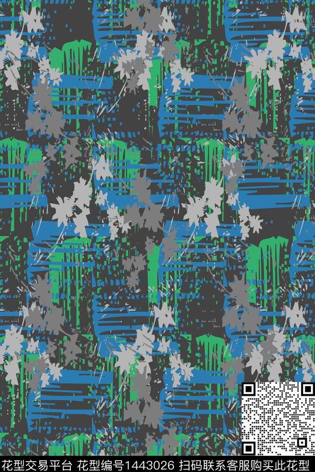 缘起缘落.jpg - 1443026 - 几何 迷彩 蓝色 - 数码印花花型 － 男装花型设计 － 瓦栏