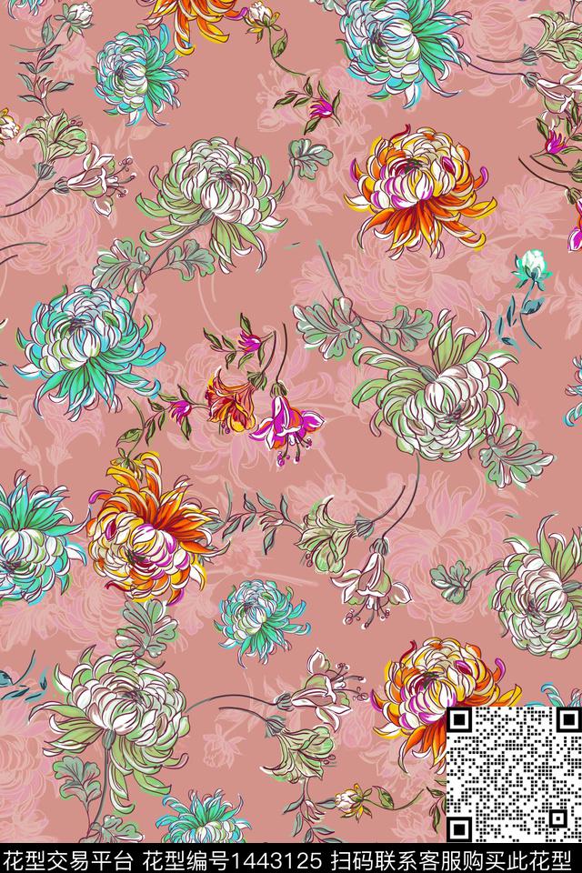 花卉20051.jpg - 1443125 - 民族风 花卉 香云纱 - 数码印花花型 － 女装花型设计 － 瓦栏