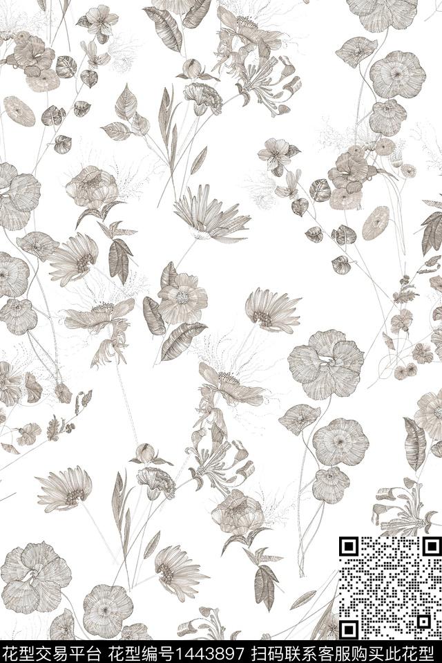 花卉大牌风小清新数码印花花型下载（图片编号: 1443897） - 瓦栏（Walan）