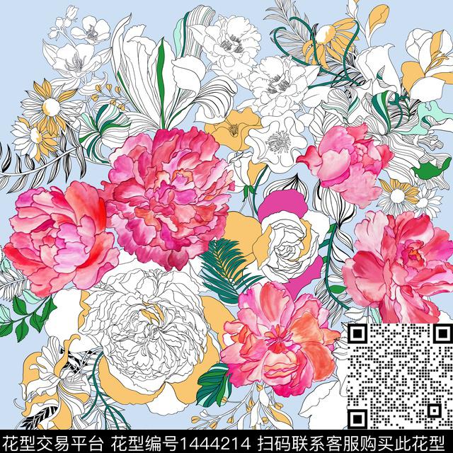 绿植树叶丝巾定位花春夏花型数码印花花型下载（图片编号: 1444214） - 瓦栏（Walan）