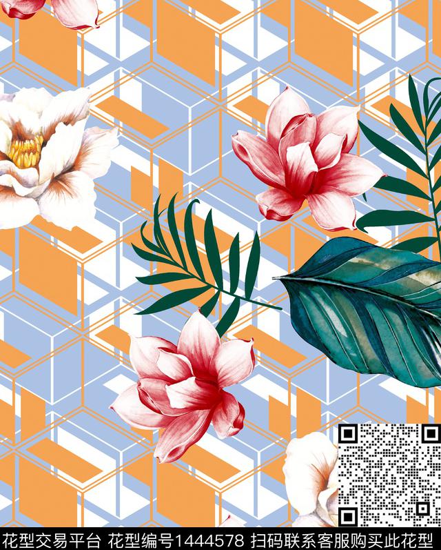 012.jpg - 1444578 - 几何花卉 棕榈树 巴西风 - 数码印花花型 － 女装花型设计 － 瓦栏