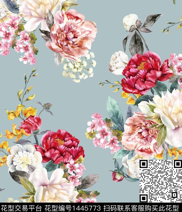210815牡丹回路裁剪.jpg - 1445773 - 复古 花卉 大牌风 - 数码印花花型 － 女装花型设计 － 瓦栏