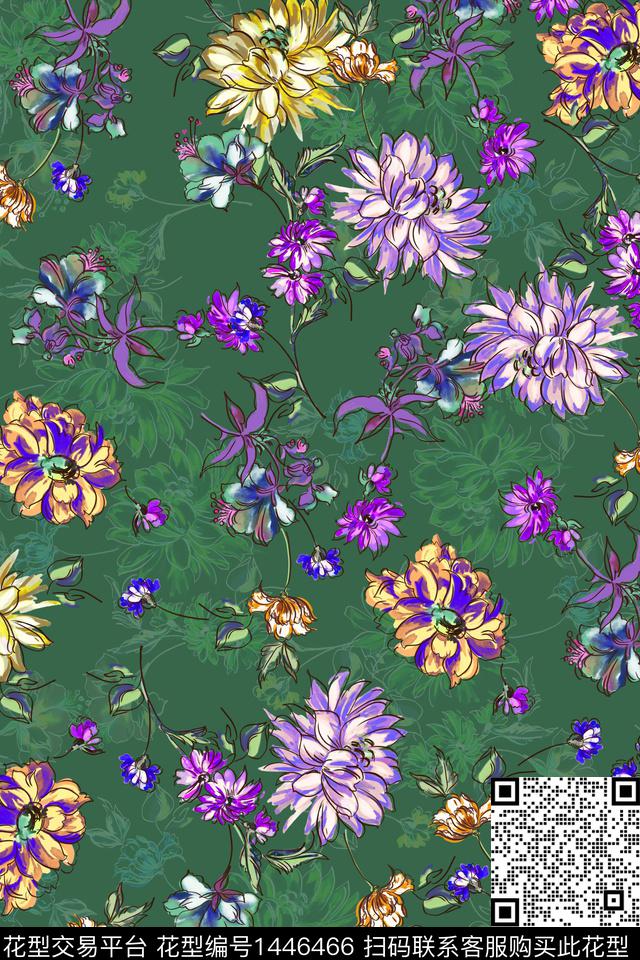 绿植树叶菊花复古数码印花花型下载（图片编号: 1446466） - 瓦栏（Walan）