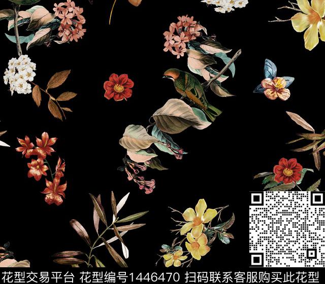 鸟复古花卉数码印花花型下载（图片编号: 1446470） - 瓦栏（Walan）