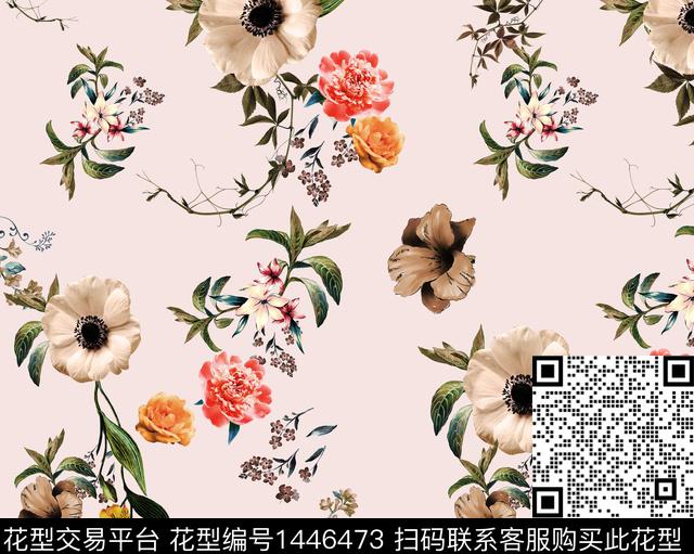 复古花卉粉底数码印花花型下载（图片编号: 1446473） - 瓦栏（Walan）