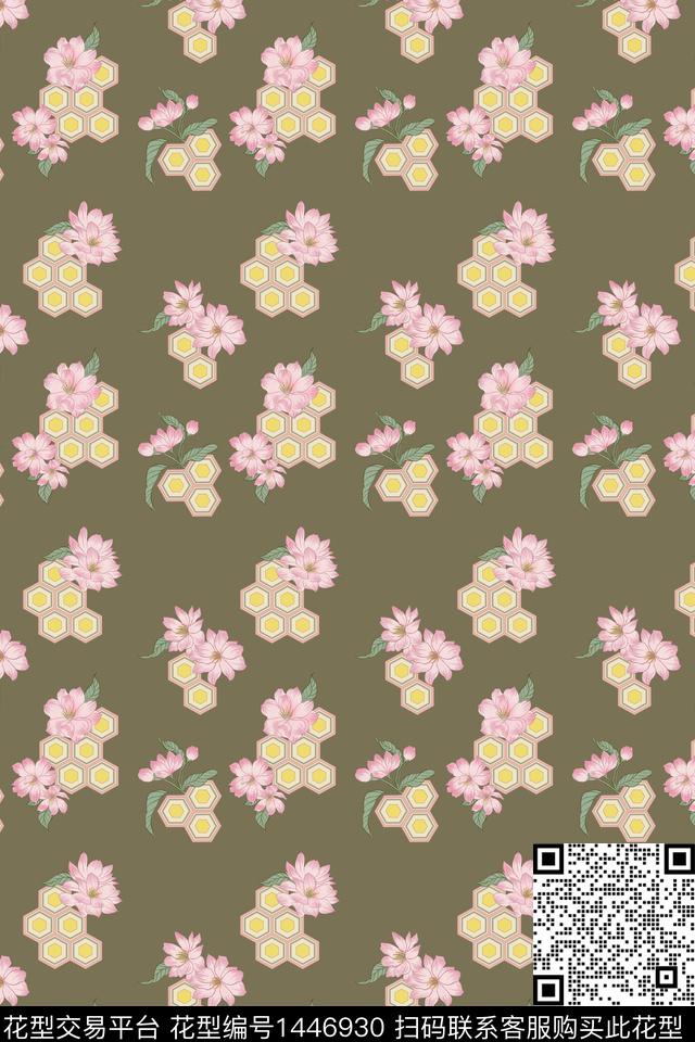 六边形海棠复古数码印花花型下载（图片编号: 1446930） - 瓦栏（Walan）