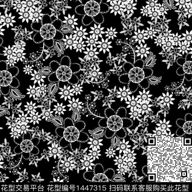 花卉小碎花黑底花卉传统印花花型下载（图片编号: 1447315） - 瓦栏（Walan）