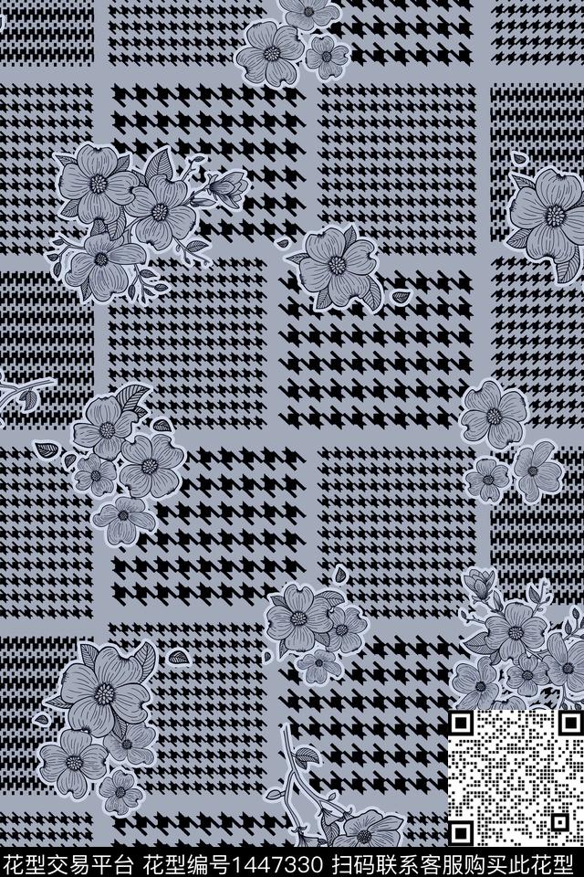 几何千鸟格花卉传统印花花型下载（图片编号: 1447330） - 瓦栏（Walan）