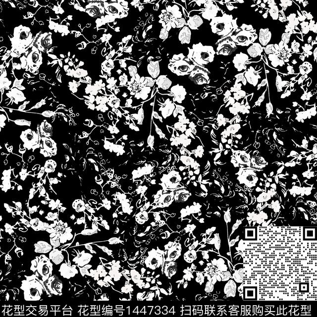 花卉小碎花黑底花卉数码印花花型下载（图片编号: 1447334） - 瓦栏（Walan）