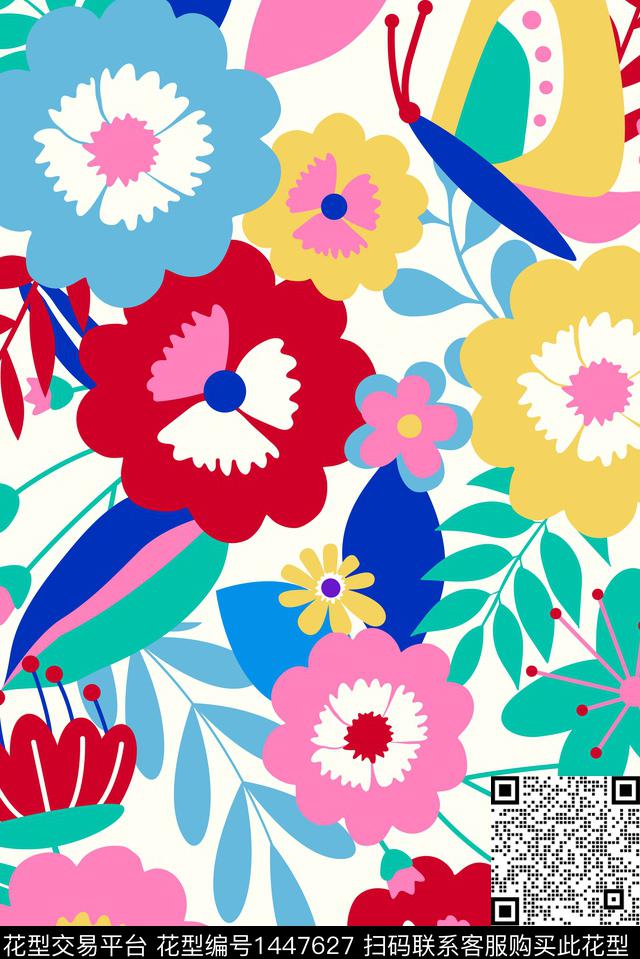 花卉满印图案设计_画板 1_画板 1.jpg - 1447627 - 绿植树叶 文艺 花卉 - 传统印花花型 － 床品花型设计 － 瓦栏