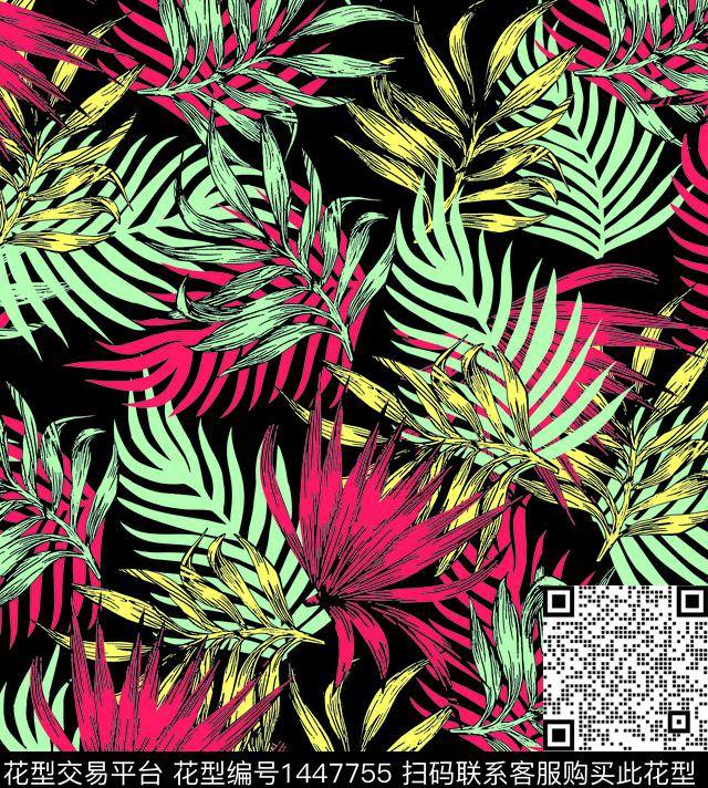 12-4.jpg - 1447755 - 绿植树叶 棕榈树 花型彩色 - 数码印花花型 － 女装花型设计 － 瓦栏
