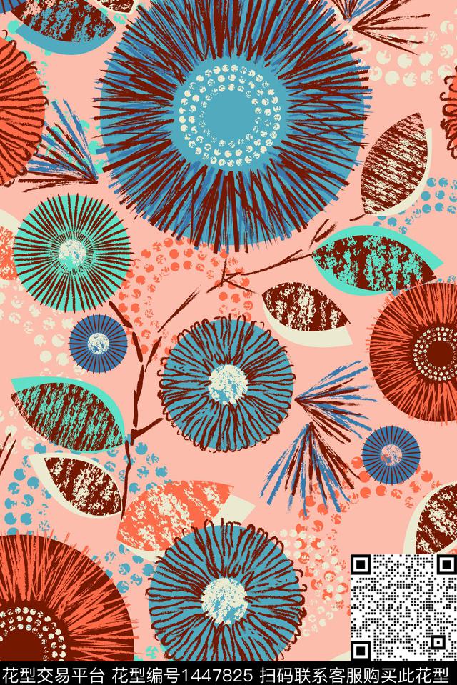 手绘抽象花卉电脑图案设计_画板 1.jpg - 1447825 - 日韩 文艺 花卉 - 传统印花花型 － 床品花型设计 － 瓦栏
