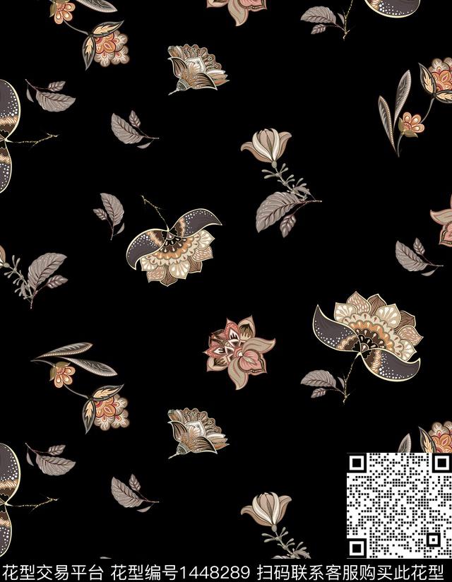 复古花卉黑底花卉传统印花花型下载（图片编号: 1448289） - 瓦栏（Walan）