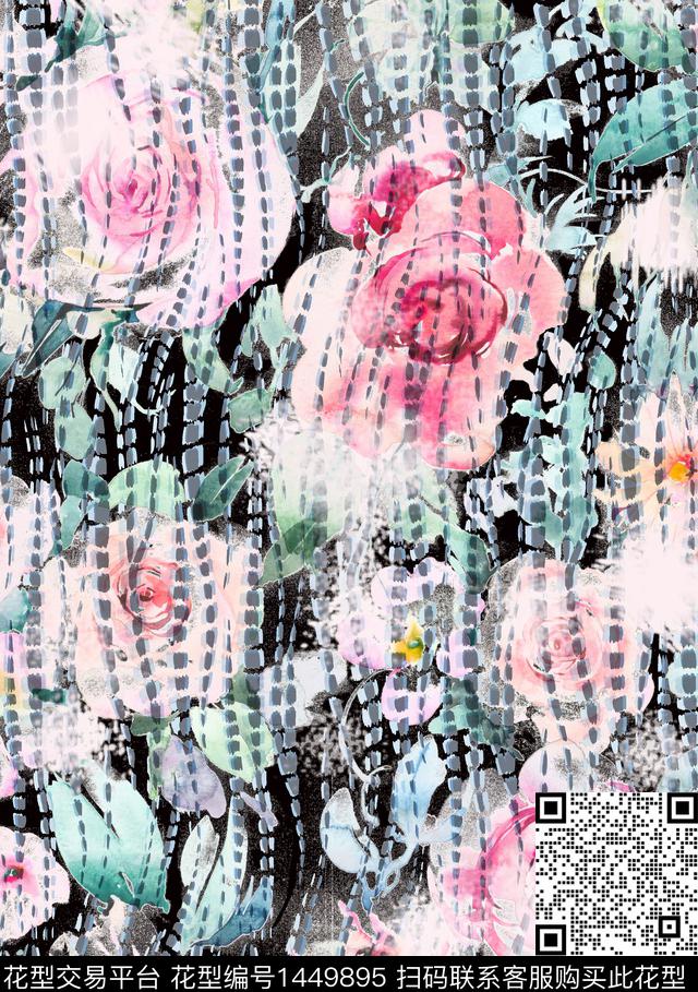 普通花卉--沾染手绘花纹--黑底3-1.jpg - 1449895 - 几何 扎染花型 花卉 - 数码印花花型 － 女装花型设计 － 瓦栏