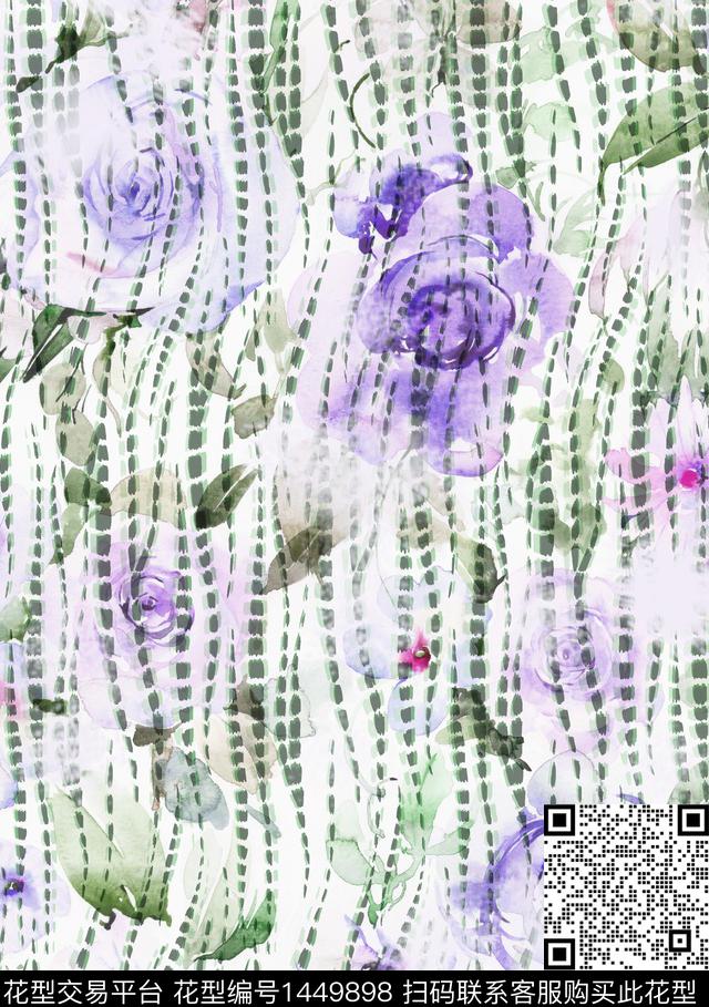 普通花卉--沾染手绘花纹--紫色3-3.jpg - 1449898 - 几何 扎染花型 花卉 - 数码印花花型 － 女装花型设计 － 瓦栏