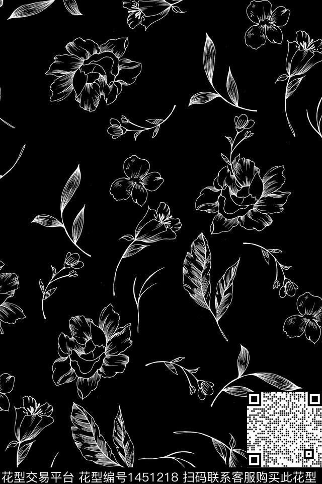 xz2387.jpg - 1451218 - 黑白花型 花卉 真丝 - 数码印花花型 － 女装花型设计 － 瓦栏