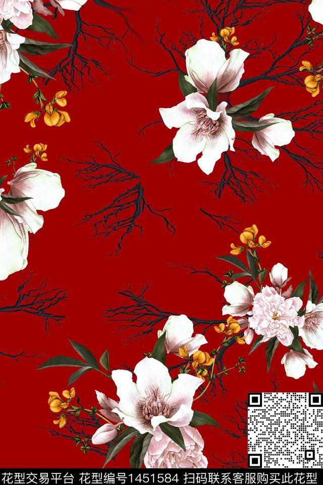 花卉大牌风年轻女性数码印花花型下载（图片编号: 1451584） - 瓦栏（Walan）
