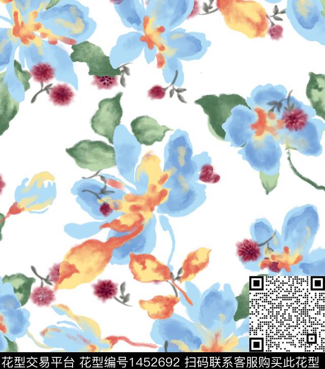 爱心手绘花卉手绘大花数码印花花型下载（图片编号: 1452692） - 瓦栏（Walan）