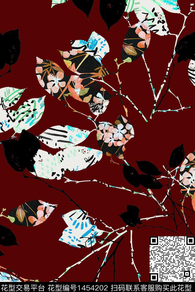 绿植树叶几何花卉数码印花花型下载（图片编号: 1454202） - 瓦栏（Walan）