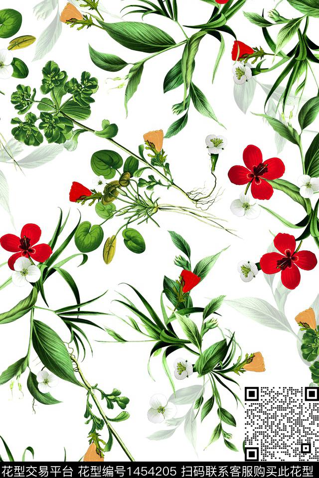 绿植树叶花卉大牌风数码印花花型下载（图片编号: 1454205） - 瓦栏（Walan）