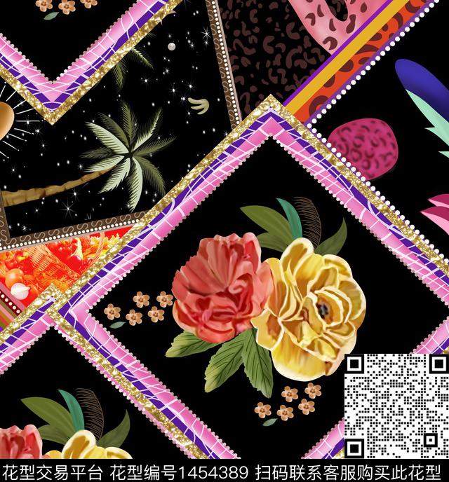 混合拼接.jpg - 1454389 - 黑底花卉 几何花卉 民族花卉 - 数码印花花型 － 女装花型设计 － 瓦栏