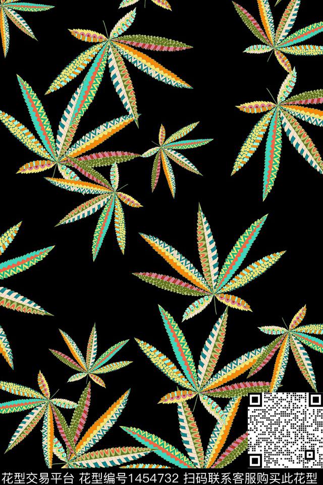 绿植树叶几何花卉数码印花花型下载（图片编号: 1454732） - 瓦栏（Walan）