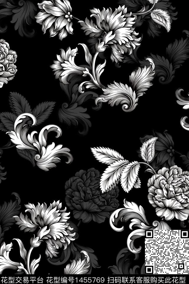 xz2457.jpg - 1455769 - 黑白花型 花卉 真丝 - 数码印花花型 － 女装花型设计 － 瓦栏