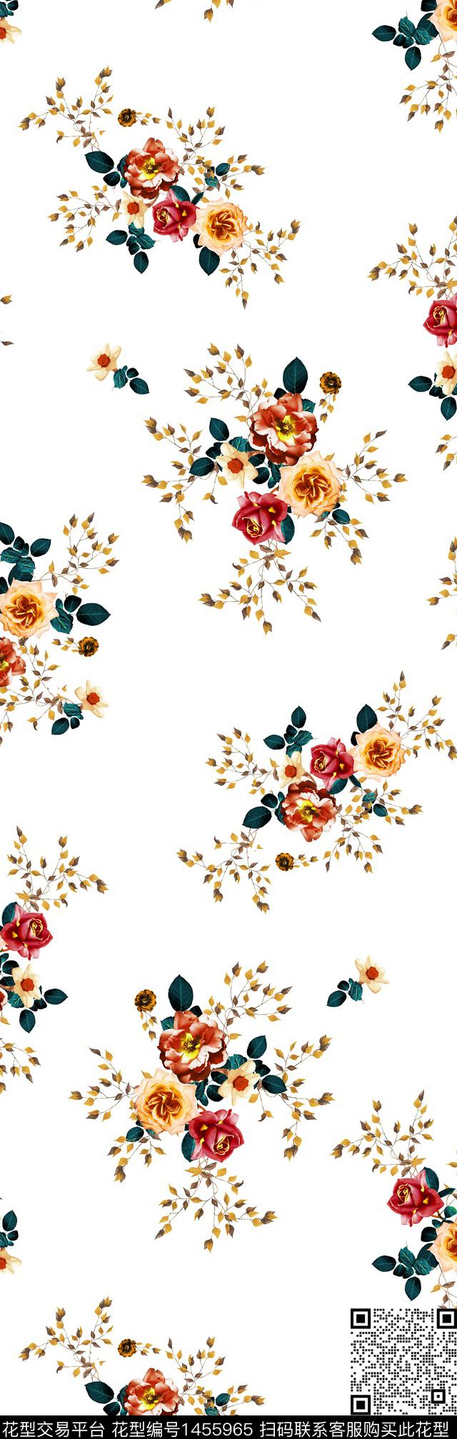 guan916 二方连续.jpg - 1455965 - 花卉 白底花 玫瑰花 - 数码印花花型 － 女装花型设计 － 瓦栏
